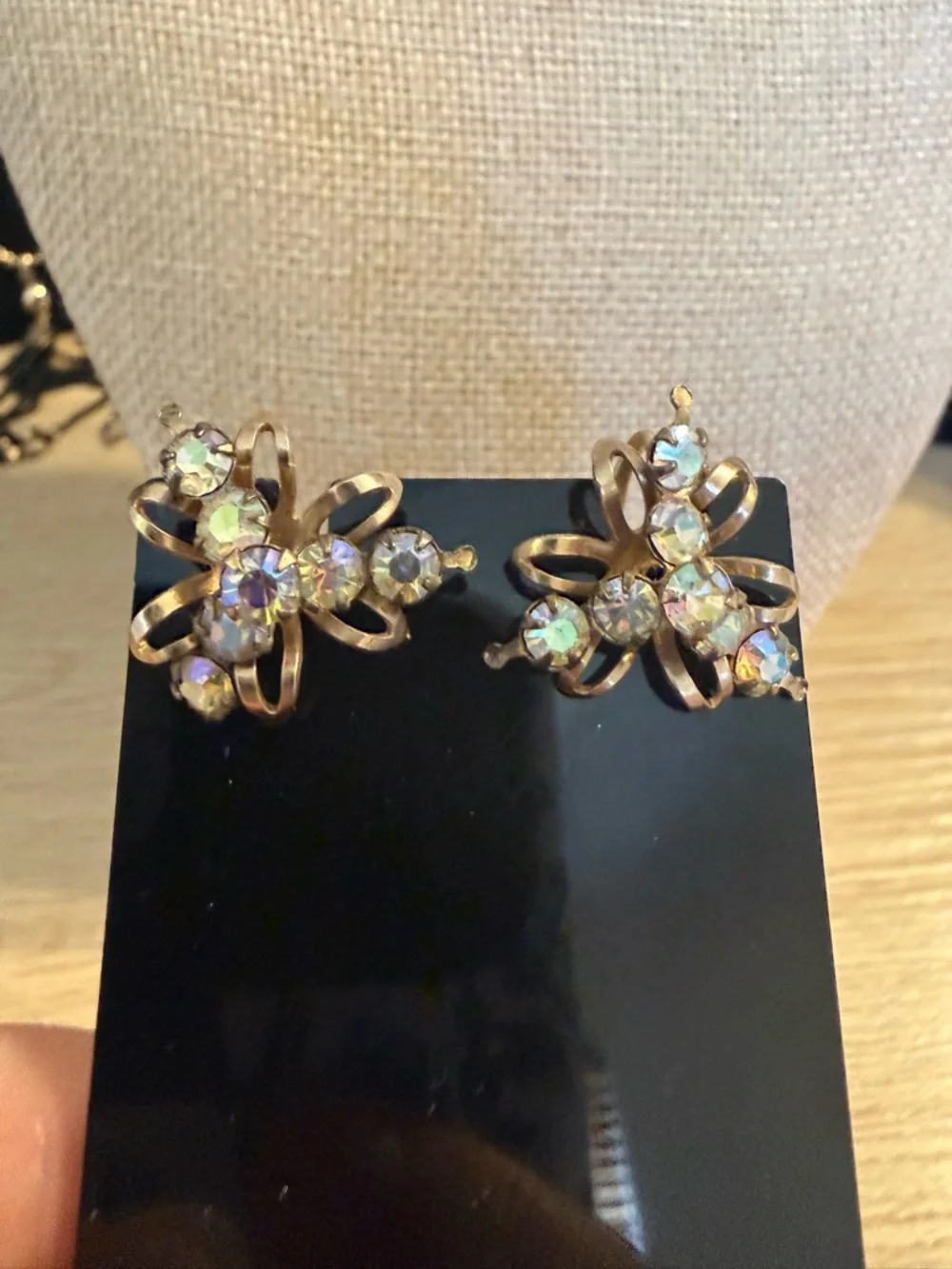 Gold-Tone Vintage‎ Aurora Borealis Crystal Floral Clip-On Earrings